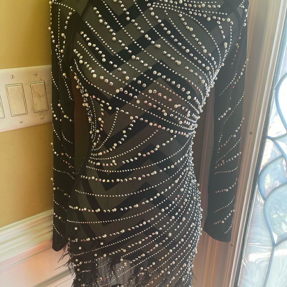 Unbranded Luxury Rhinestones & Pearls Feather Mini Dress Feather Accents Size S View 5